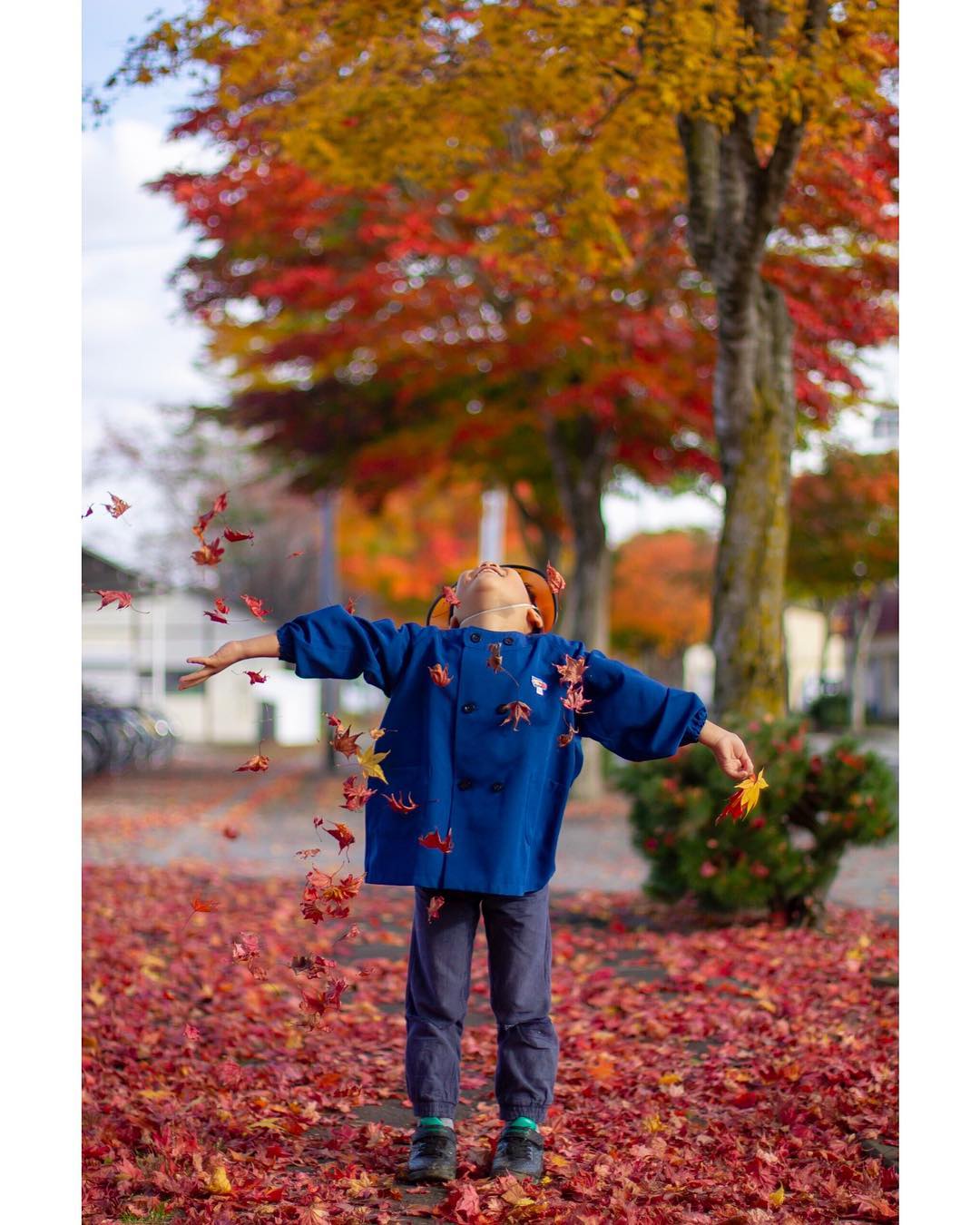 Boy enjoying autumn leaves