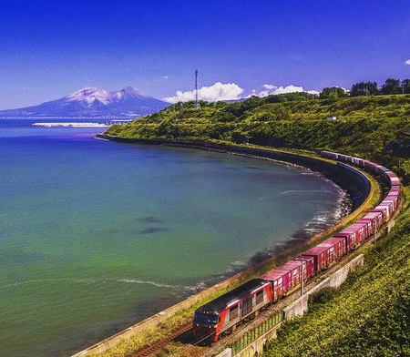Freight train and spectacular blue scenery