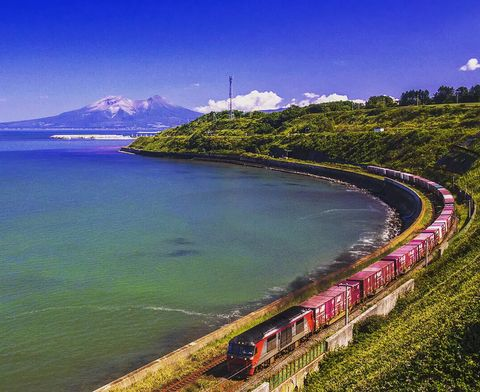 Freight train and spectacular blue scenery