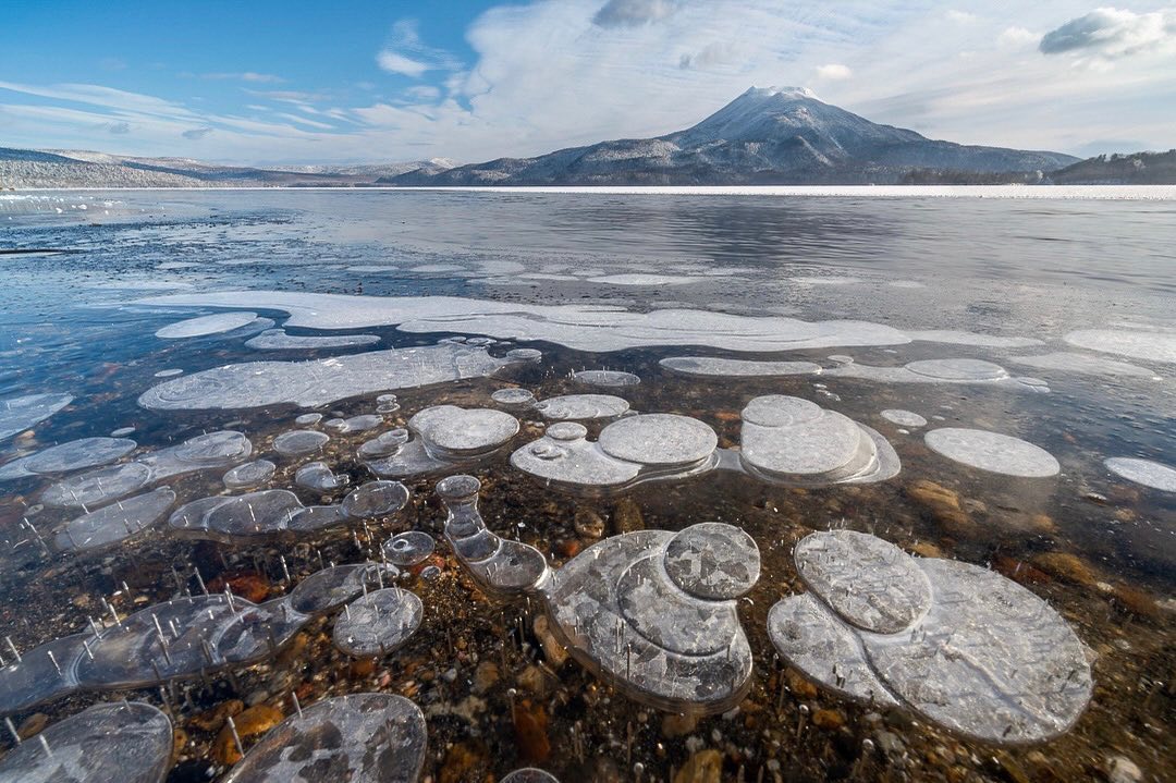 Magical ice bubbles in Lake Akan
