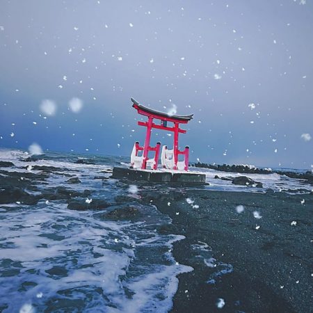 Torii gate wearing snow