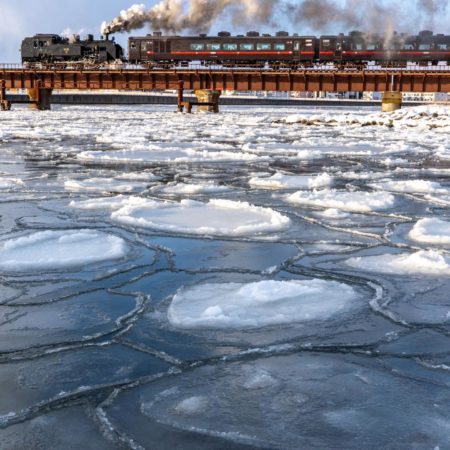 Pancake ice and steam locomotive
