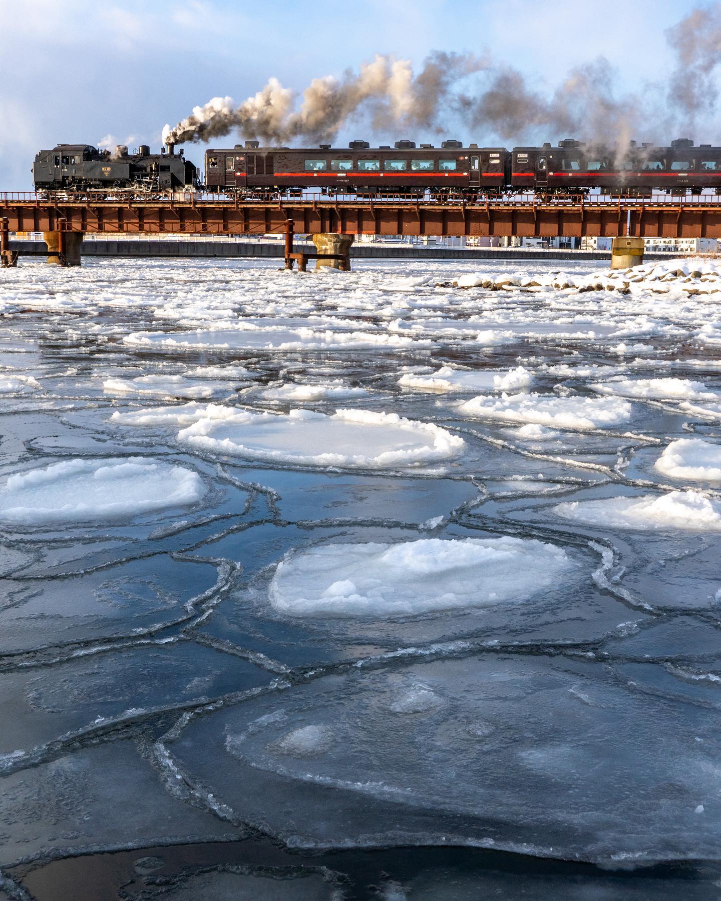 蓮葉氷と蒸気機関車（釧路市）