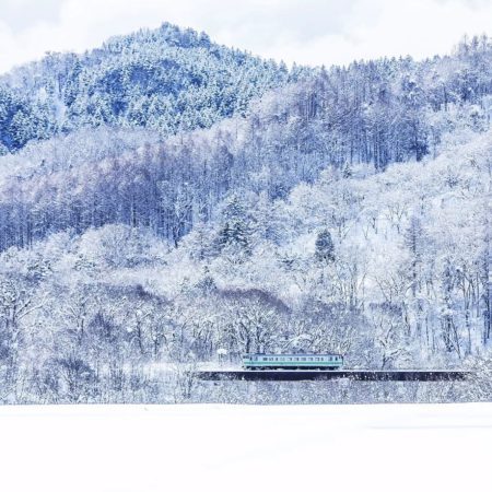 A train going through the snowfield